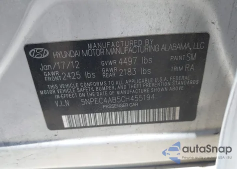 2012 Hyundai Sonata Se 2.0T из США, поврежденный, VIN 5NPEC4AB5CH455194
